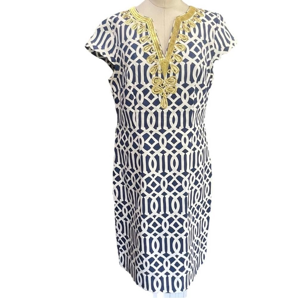 Mud Pie Navy and White Geometric Shift Dress with Gold Embellishment